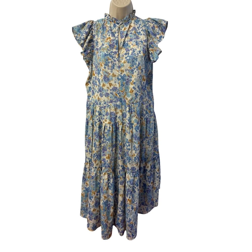 Floral Tiered Midi Dress Blue Tan Flutter Sleeve Ruffle Neck Keyhole‎ Front